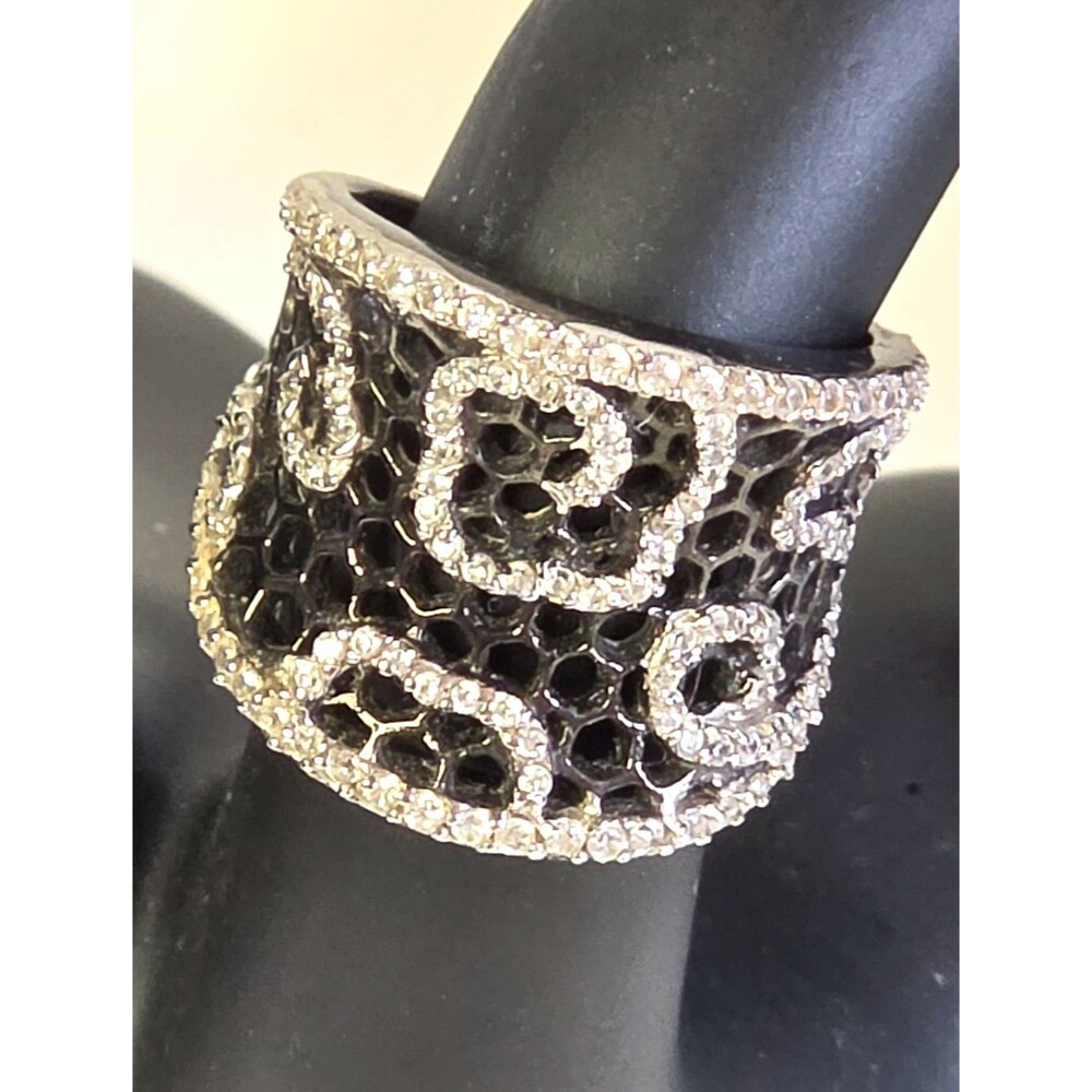 Vtg 925 Silver Signed TA Black Honeycomb filigree Clear Rhinestones Ring Sz 6